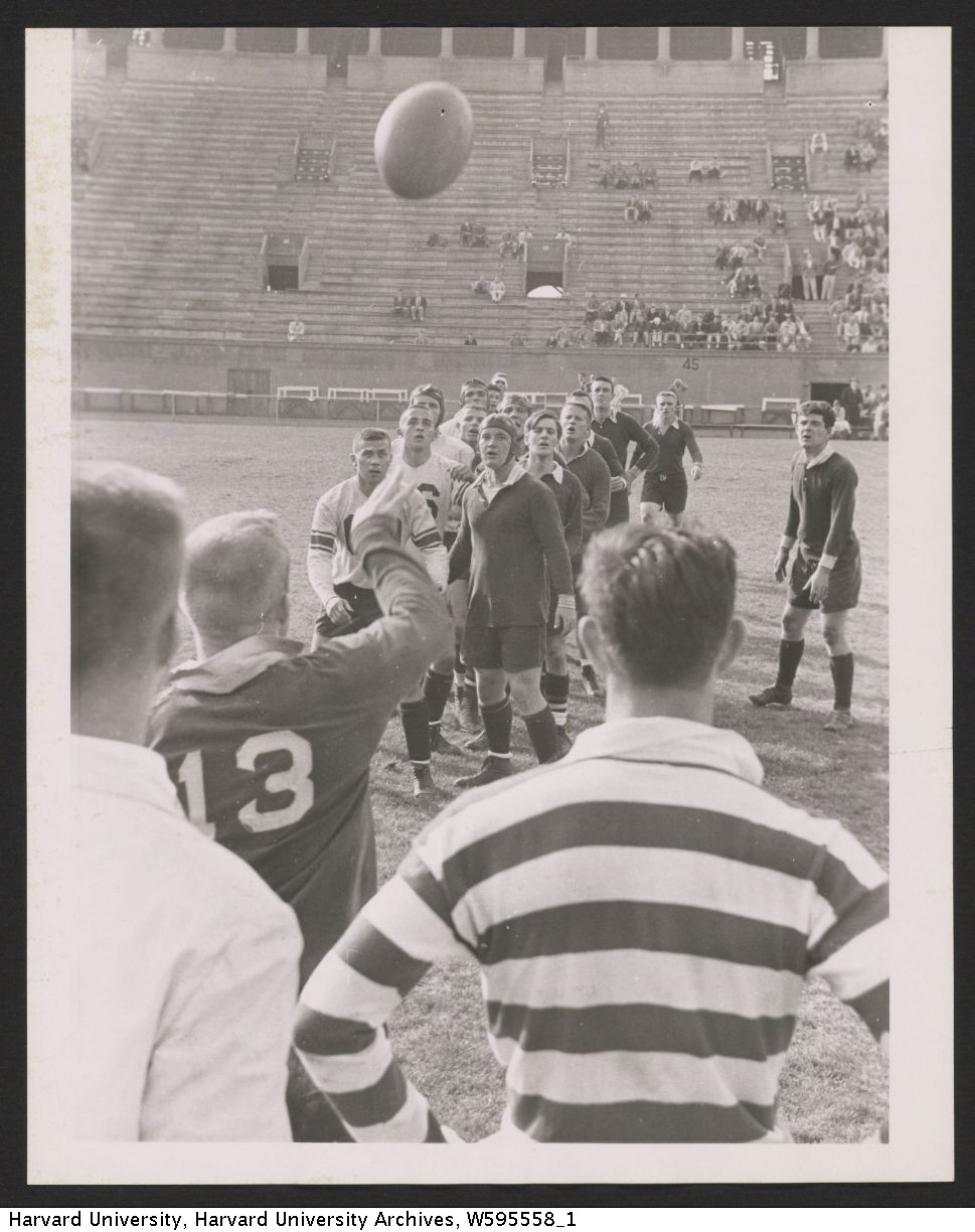 A 1957 lineout thrown by #13 Ron Gkenberry of Harvard's Varsity Rugby team