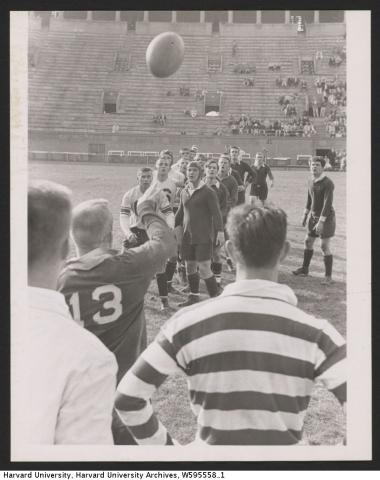 A 1957 lineout thrown by #13 Ron Gkenberry of Harvard's Varsity Rugby team